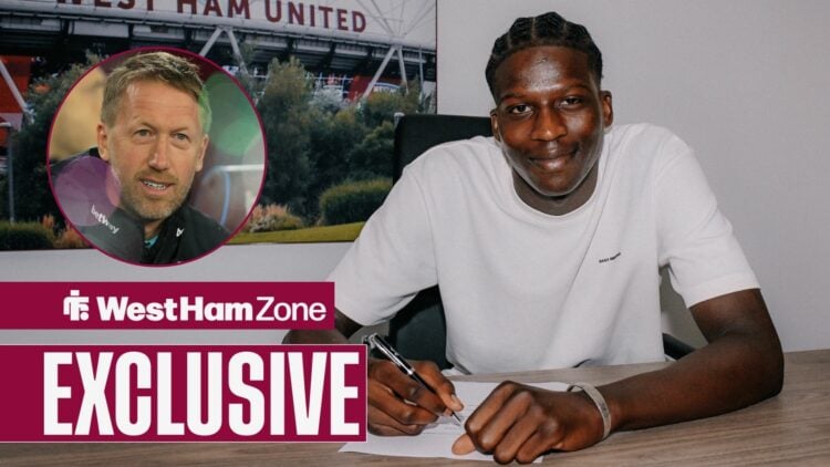 Mohamadou Kante signing a contract at West Ham looking towards Graham Potter in a circle inset