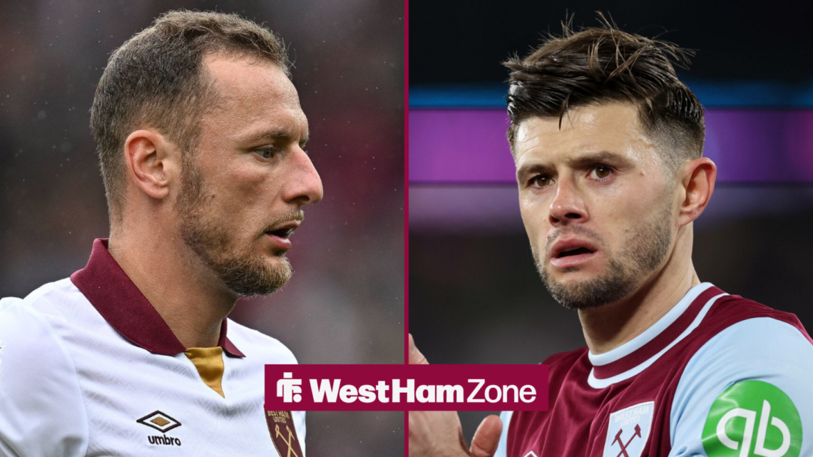 Vladimir Coufal looking towards Aaron Cresswell in separate insets