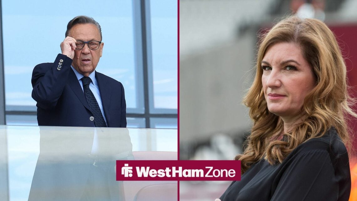 West Ham owner David Sullivan watches on, alongside Karren Brady