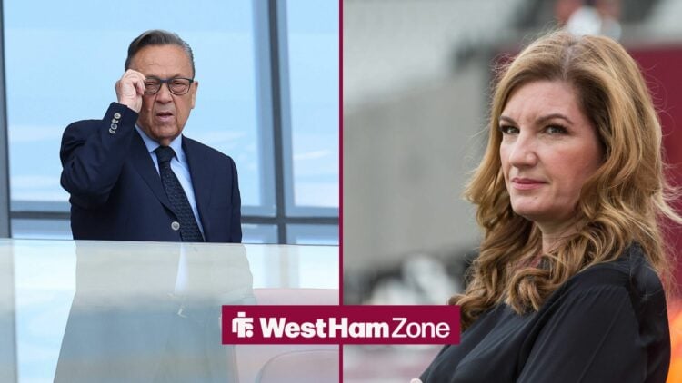West Ham owner David Sullivan watches on, alongside Karren Brady