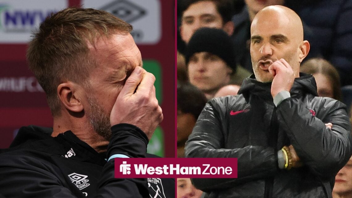 Graham Potter on the left covering his mouth looking distressed, as Enzo Maresca is on the right looking left in concern,