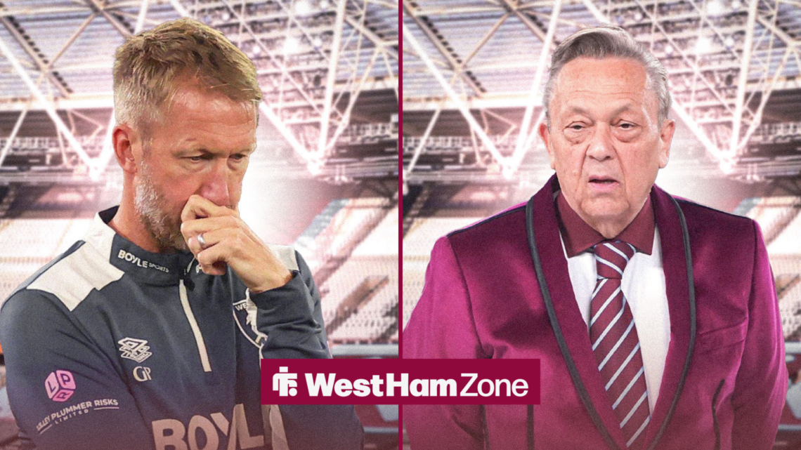 Graham Potter contemplating, with David Sullivan on the right