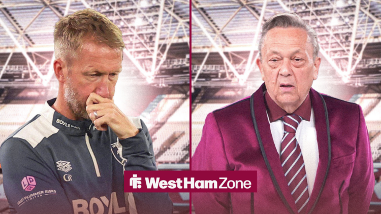 Graham Potter contemplating, with David Sullivan on the right