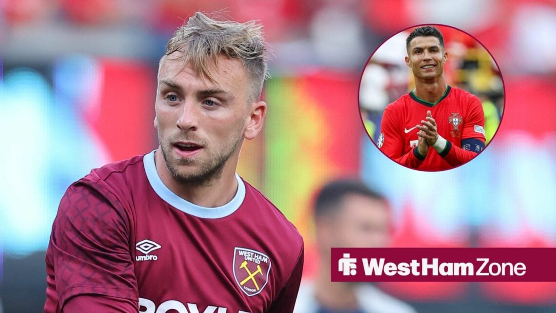 Jarrod Bowen playing for West Ham with Cristiano Ronaldo in right circular inset