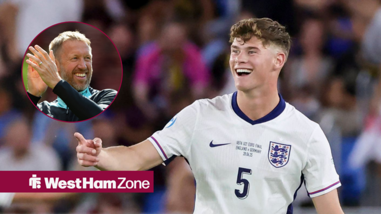 An image of Charlie Cresswell celebrating with England, next to a circular inset of Graham Potter celebrating a West Ham United victory