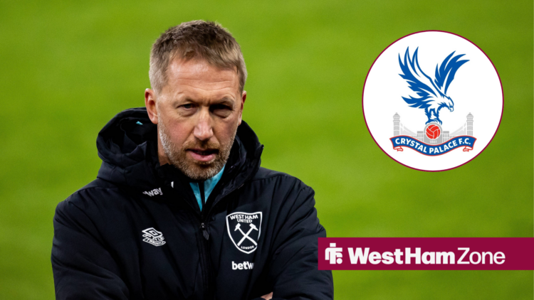 An image of Graham Potter not happy while managing West ham United, next to a circular inset of a Crystal palace badge