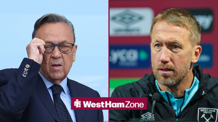 An image of David Sullivan watching West Ham, next to an image of Graham Potter physically unnerved during a press conference