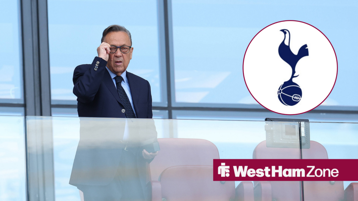 An image of David Sullivan watching a West Ham United game, next to a circular inset of a Tottenham Hotspur badge