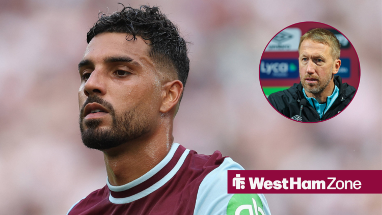 An image of Emerson Palmieri playing for West Ham United, next to a circular inset of Graham Potter in a press conference
