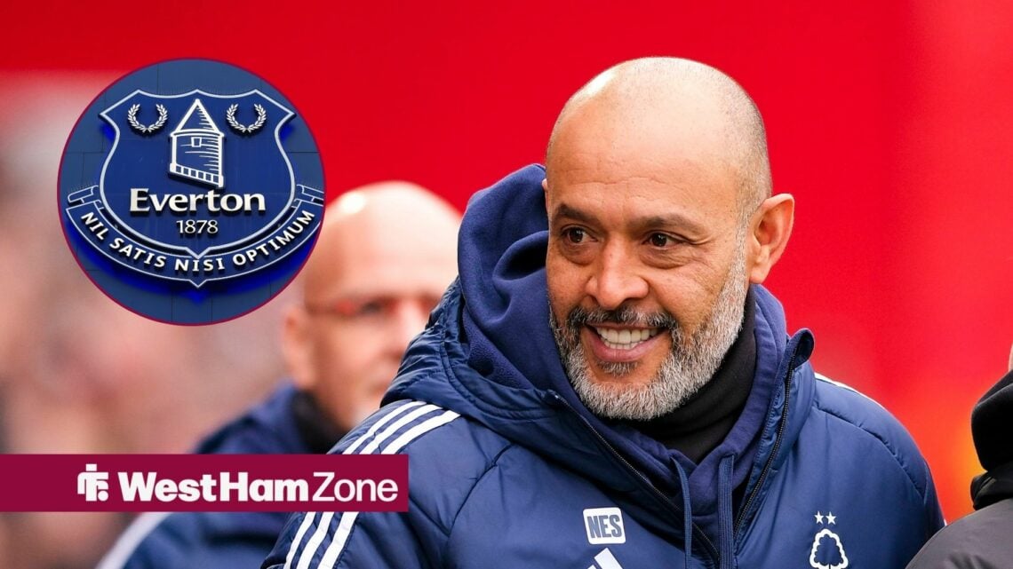 An image of Nuno Espirito Santo managing Nottingham Forest, next to a circular inset of the Everton badge