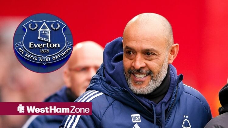 An image of Nuno Espirito Santo managing Nottingham Forest, next to a circular inset of the Everton badge