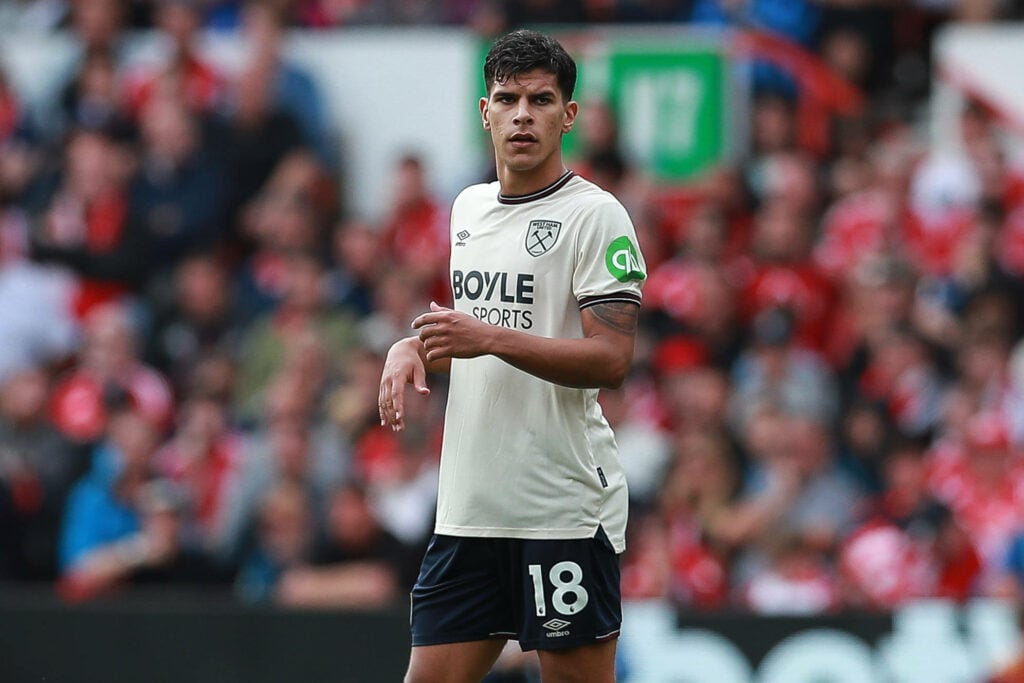 Mateus Fernandes looking angry while playing for West Ham