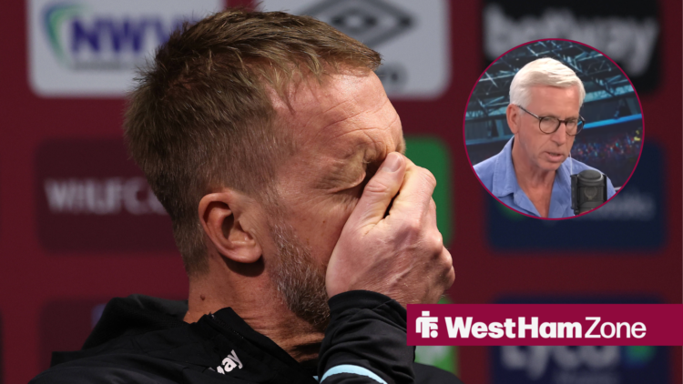 An image of Graham Potter looking annoyed, next to a circular inset of Alan Pardew speaking on TalkSPORT