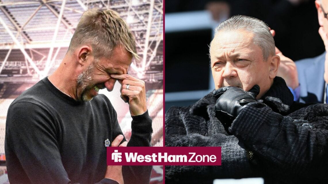 An image of Graham Potter annoyed, next to an image of David Sullivan watching a West Ham United game