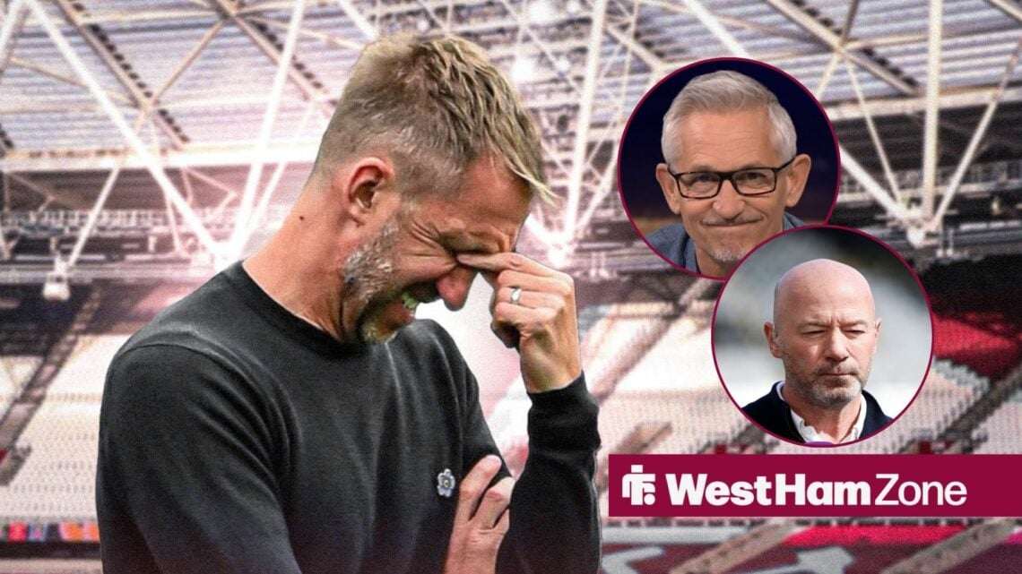 An image of Graham Potter upset, next to circular insets of Gary Neville and Alan Shearer