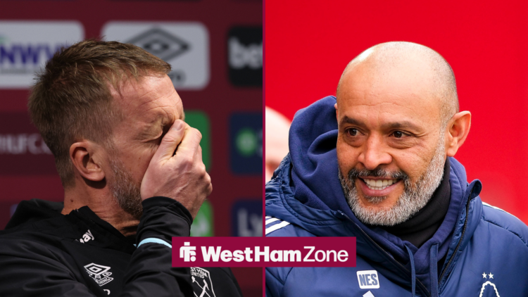 An image of Graham Potter looking upset in a West Ham United press conference, next to an image of Nuno Espirito Santo looking happy during a Notti...