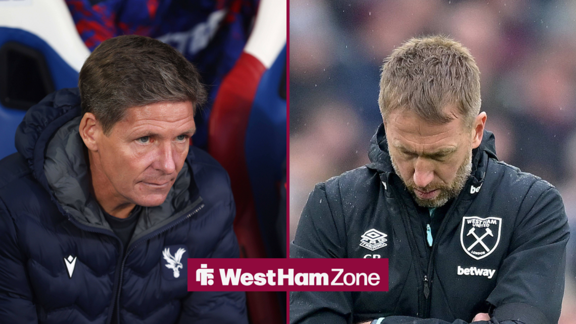 An image of Oliver Glasner managing Crystal Palace, next to an image of Graham Potter looking annoyed