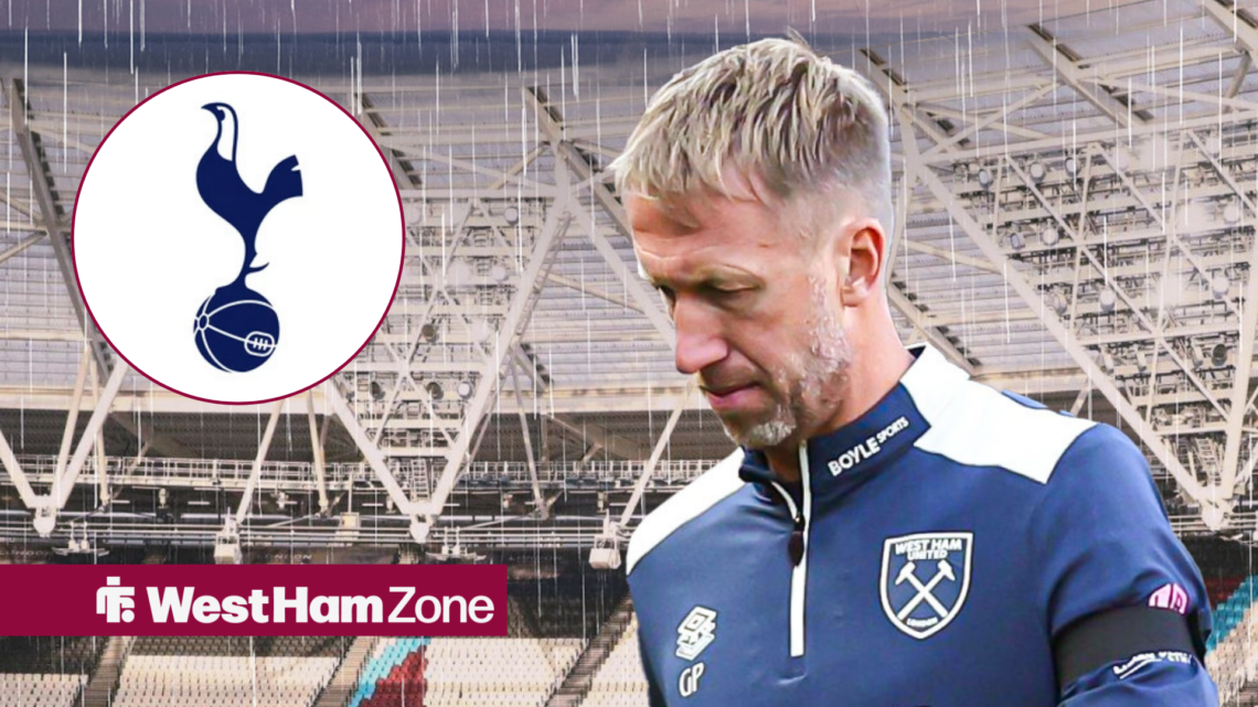 An image of Graham Potter looking upset, next to a circular inset of a Tottenham Hotspur badge