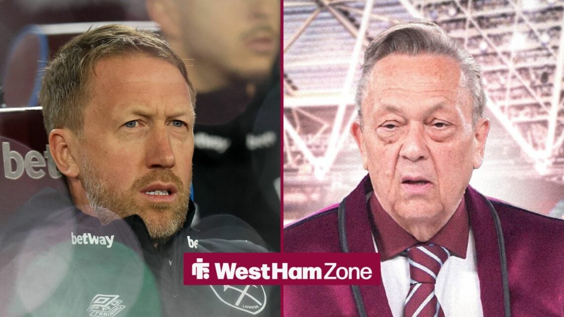 An image of Graham Potter looking annoyed, next to an image of David Sullivan in the London Stadium