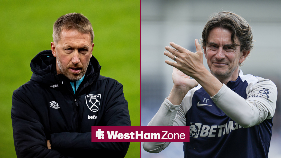 An image of Graham Potter looking stern as West Ham United m manager, next to an image of Thomas Frank celebrating as Tottenham Hotspur manager