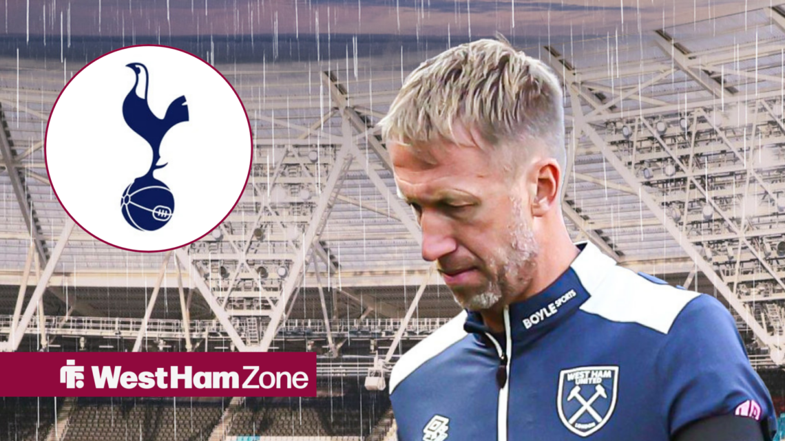 An image of Graham Potter looking upset, next to a circular inset of the Tottenham Hotspur badge
