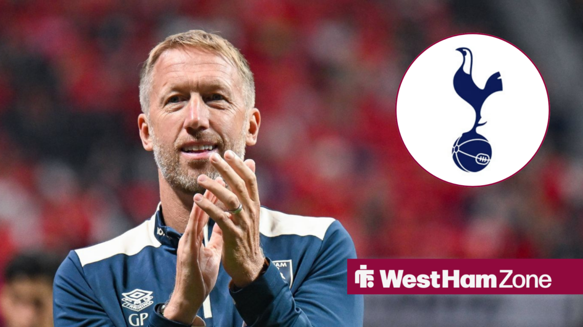 An image of Graham Potter clapping, next to a circular inset of a Tottenham Hotspur badge