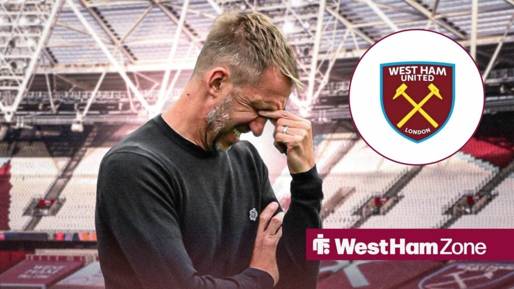 An image of Graham Potter looking sad, next to a circular inset of a West Ham badge