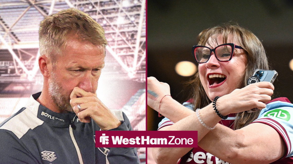 An image of Graham Potter thinking, next to an image of a West Ham United fan celebrating