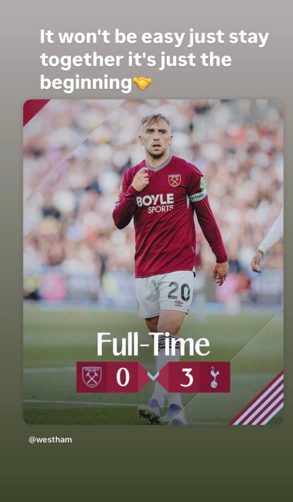 El Hadji Malick Diouf's Instagram story after West Ham United's 3-0 defeat to Tottenham Hotspur