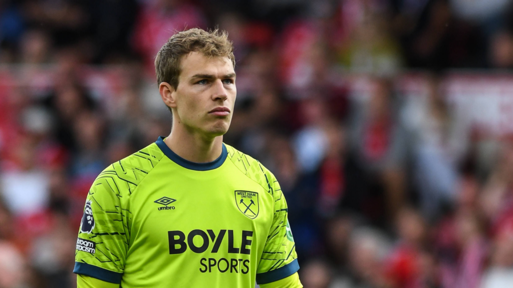 Mads Hermansen looking angry in a West Ham shirt