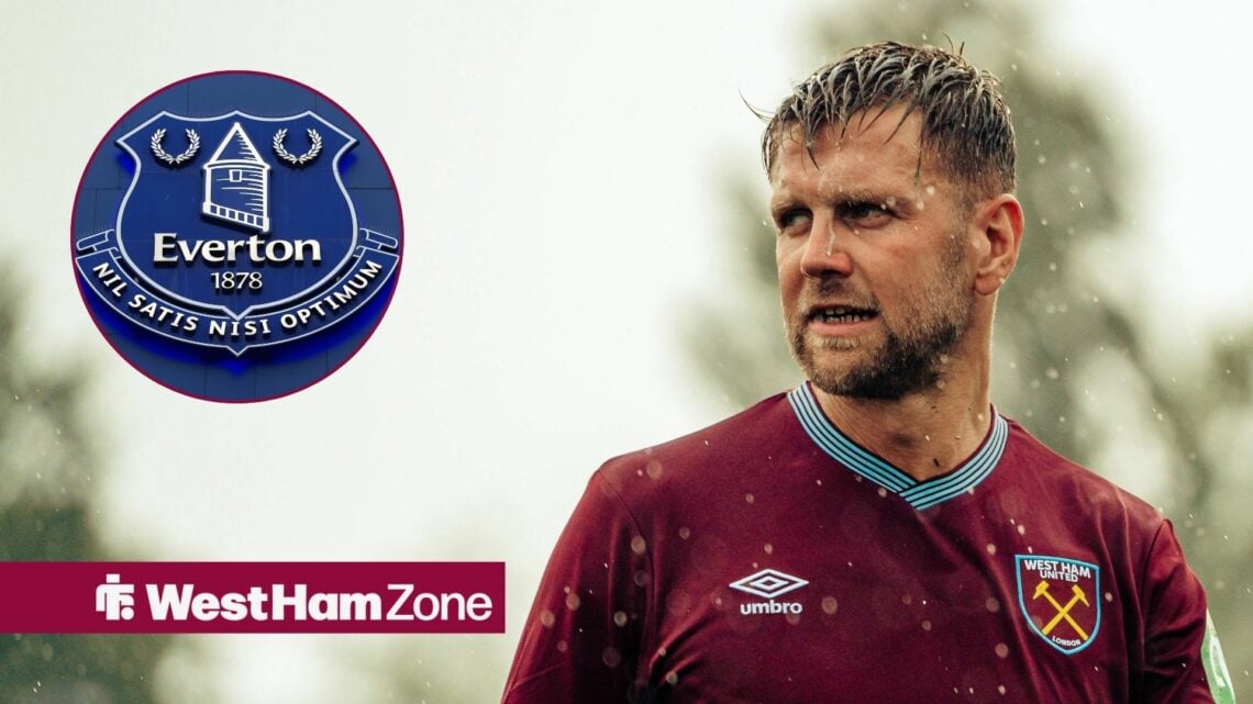 An image of Niclas Fullkrug playing for West Ham United, next to a circular inset of the Everton badge