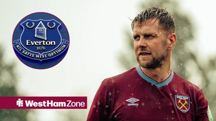 An image of Niclas Fullkrug playing for West Ham United, next to a circular inset of the Everton badge