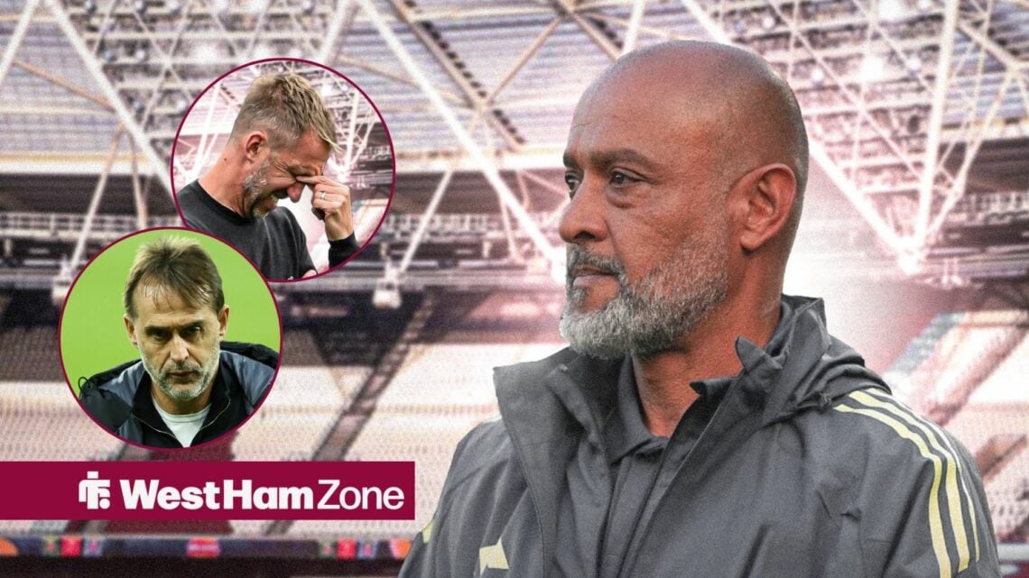 An image of Nuno Espirito Santo at the London Stadium, next to circular insets of Julen Lopetegui and Graham Potter