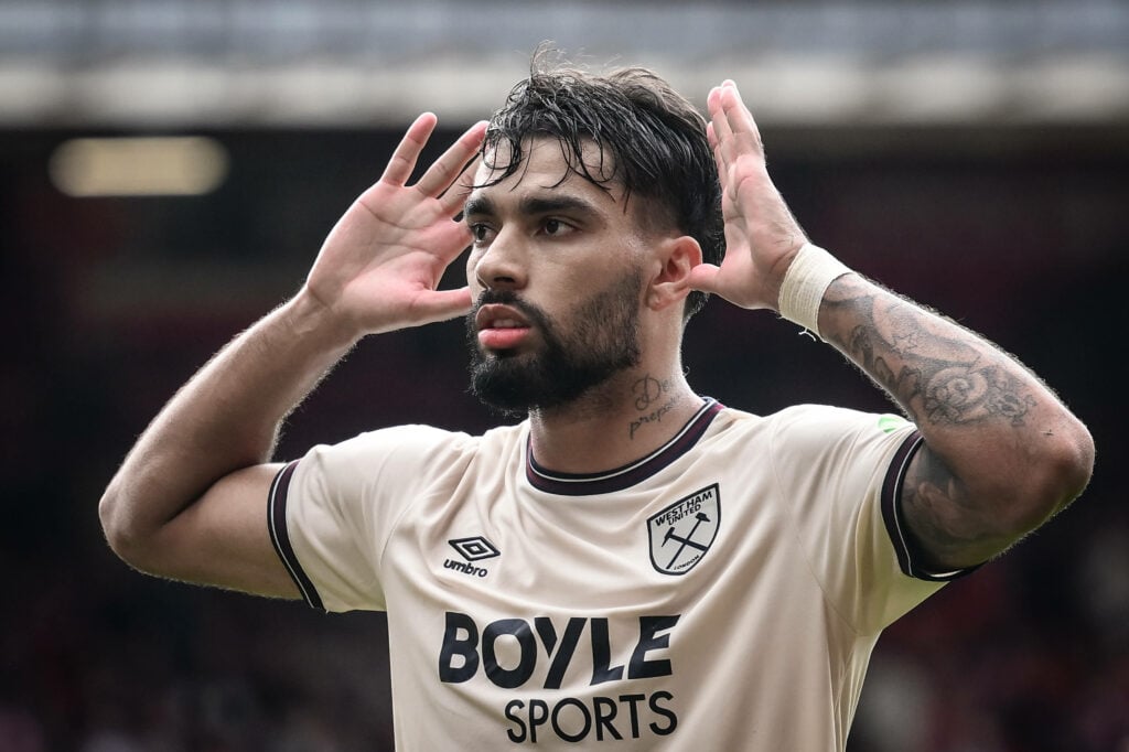 Lucas Paqueta celebrating for West Ham by holding his hands to his ears