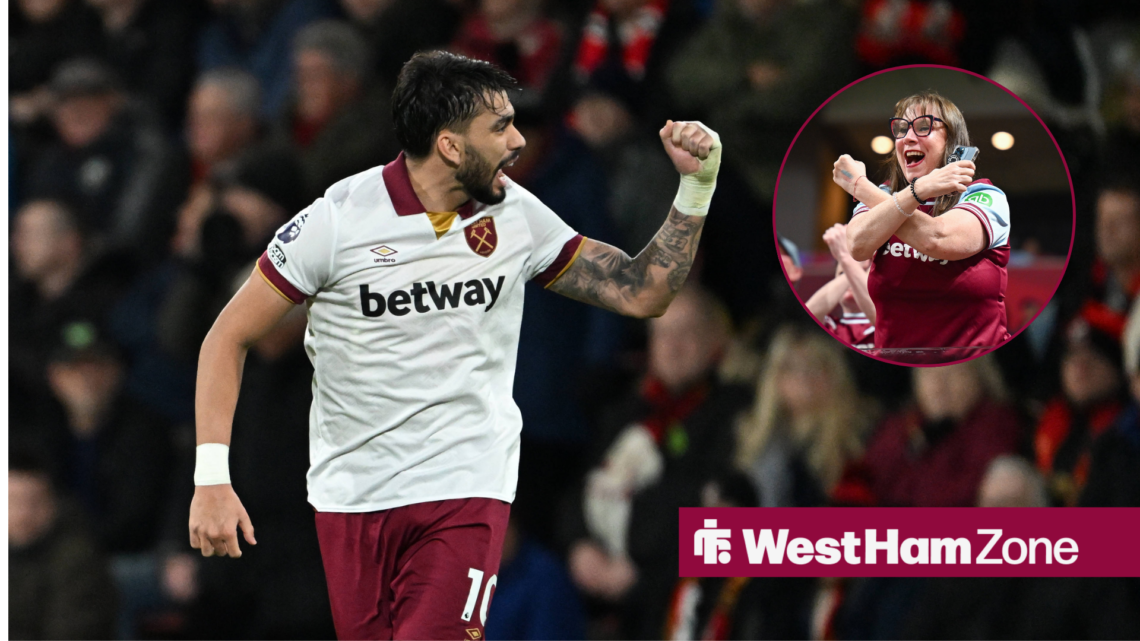 Lucas Paqueta celebrating with West Ham fan in right circular inset