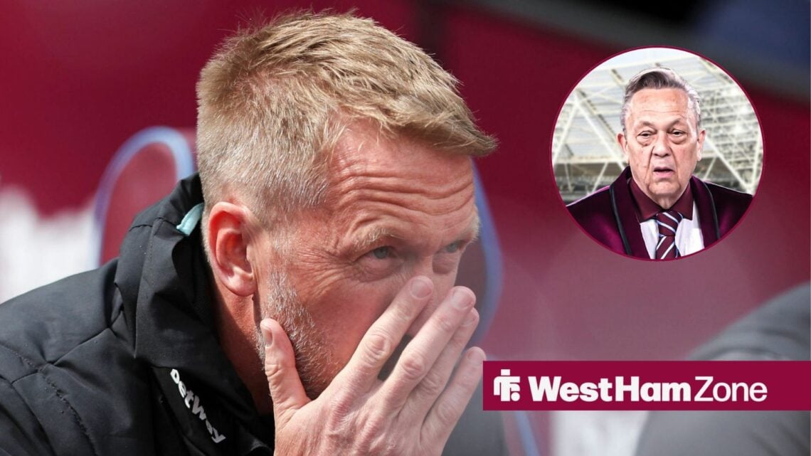 An image of Graham Potter looking stressed, next to a circular inset of David Sullivan at the London Stadium