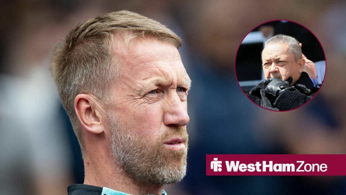 An image of Graham Potter concentrating, next to a circular inset of David Sullivan watching a West ham United match