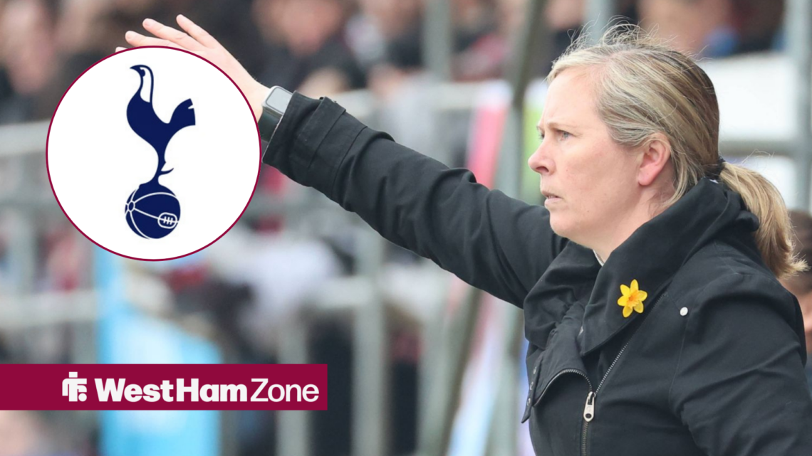 An image of Rehanne Skinner managing West Ham United's women's team, next to a circular inset of the Tottenham badge