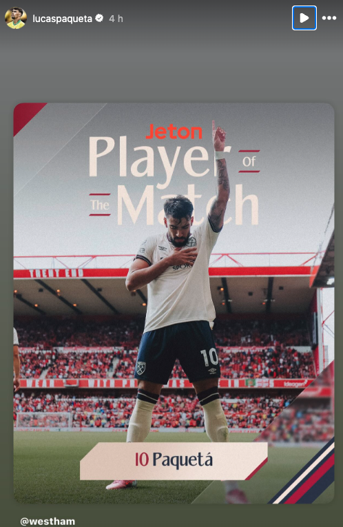 Screenshot of Lucas Paqueta celebrating his goal against Nottingham Forest.