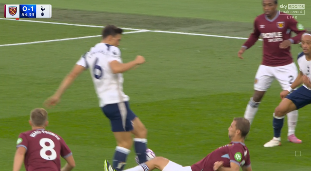 Tomas Soucek lunging into a tackle on Joao Palhinha