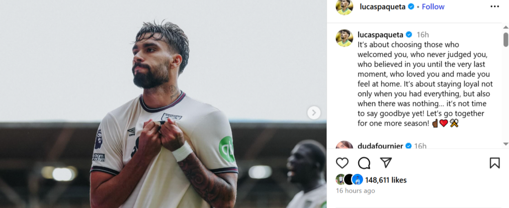Lucas Paqueta's Instagram post