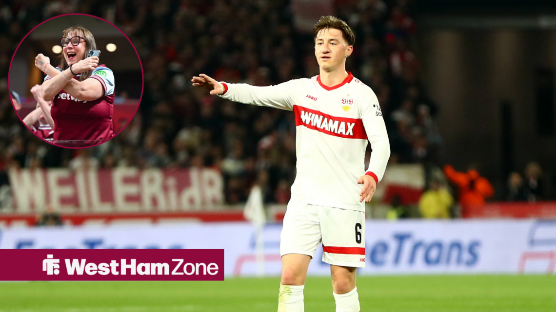 Angelo Stiller pointing with West Ham fan