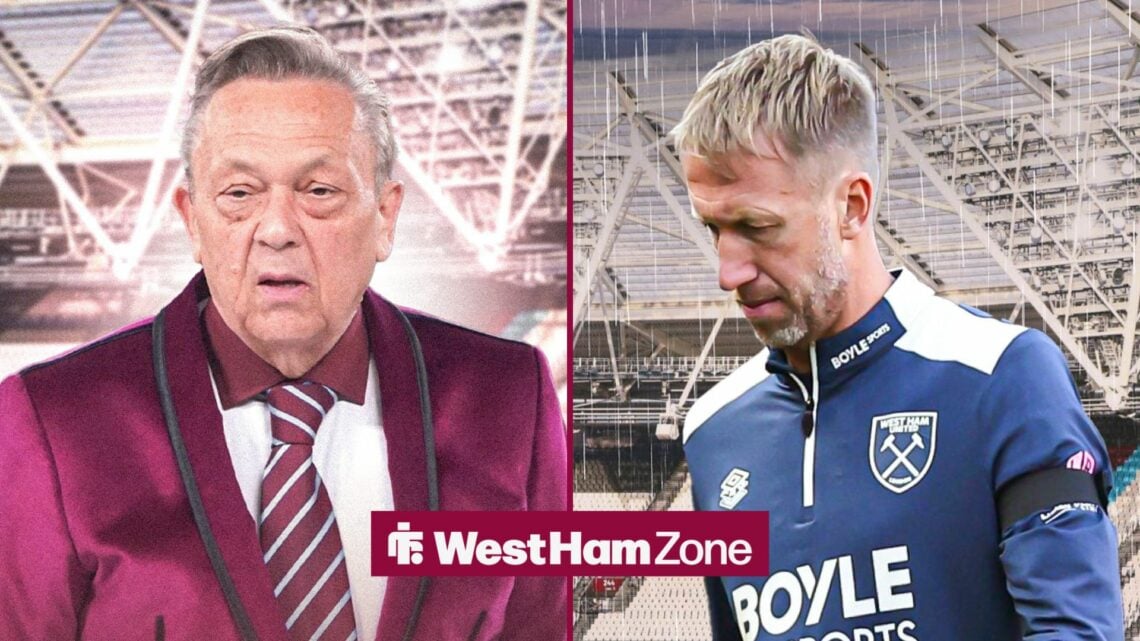 An image of David Sullivan in front of the London Stadium, next to an image of Graham Potter looking upset