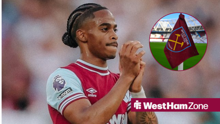 Crysencio Summerville applauds, with a West Ham corner flag in a circular frame inset