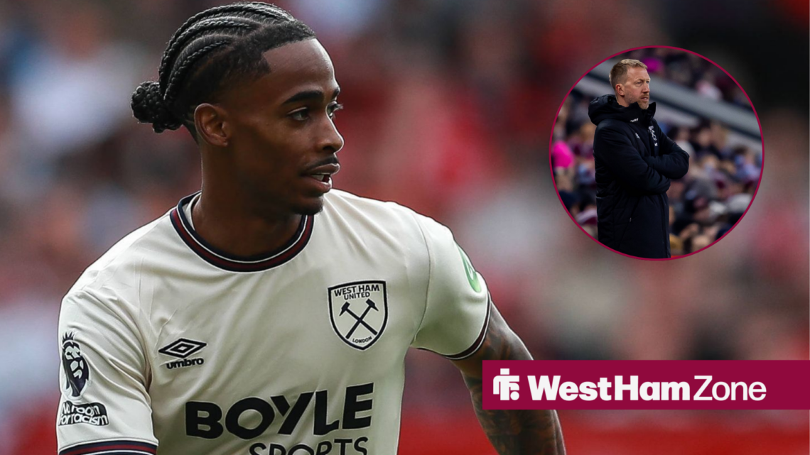 Crysencio Summerville playing for West Ham with Graham Potter on the right