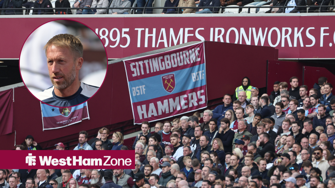 An image of West Ham United fans in the London Stadium, next to a circular inset of Graham Potter managing West Ham United