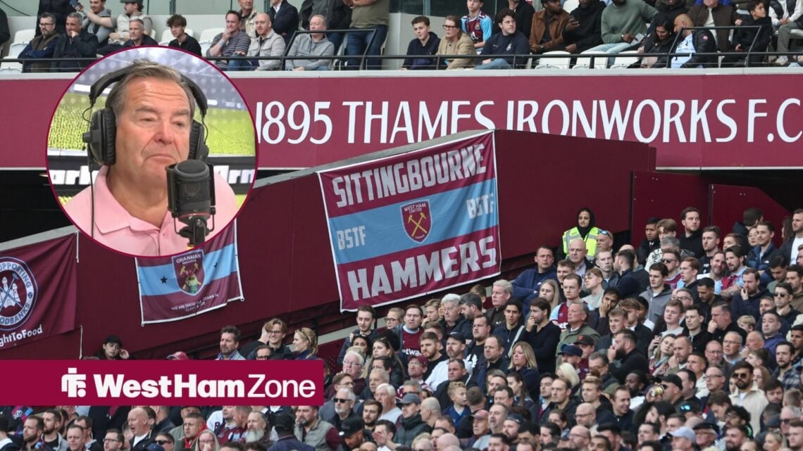 An image of West Ham United fans in the London Stadium, next to a circular inset of Jeff Stelling on TalkSPORT