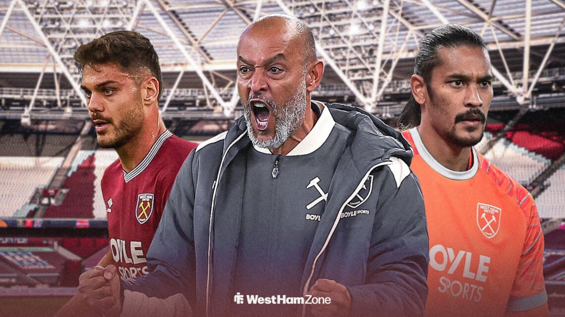 West Ham manager Nuno Espirito Santo looking angry at the London Stadium, flanked by Konstantinos Mavropanos on Alphonse Areola.