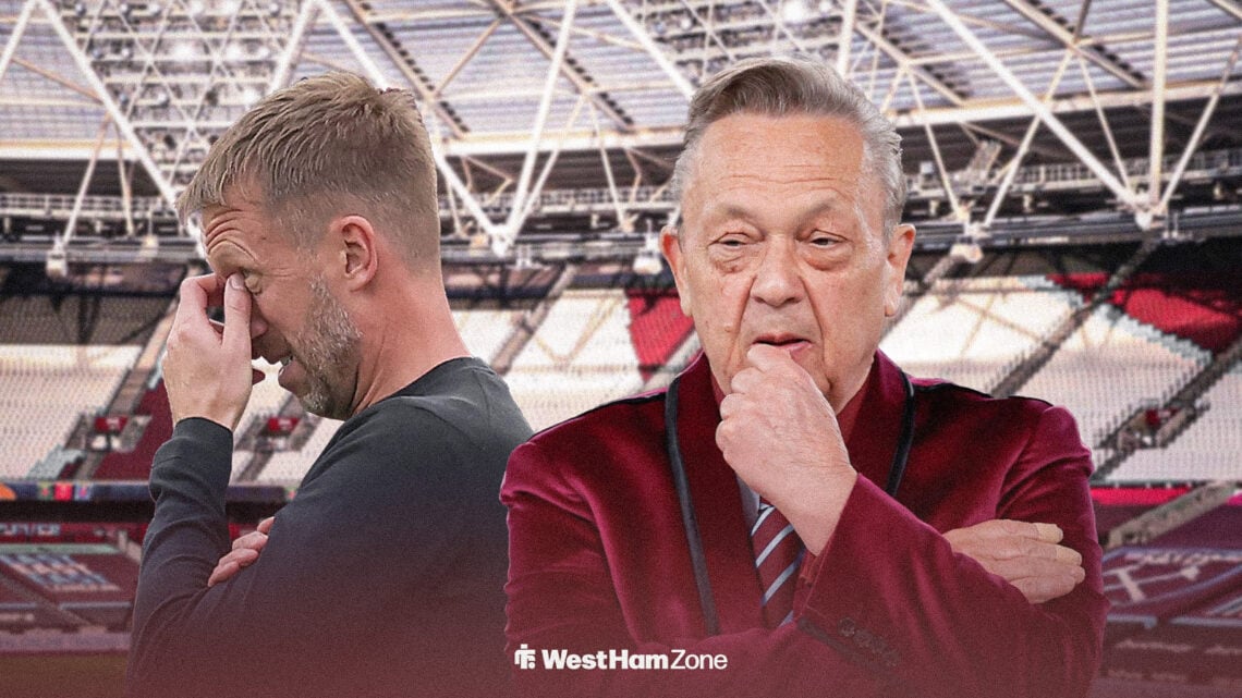 Graham Potter looking annoyed away from David Sullivan at the London Stadium