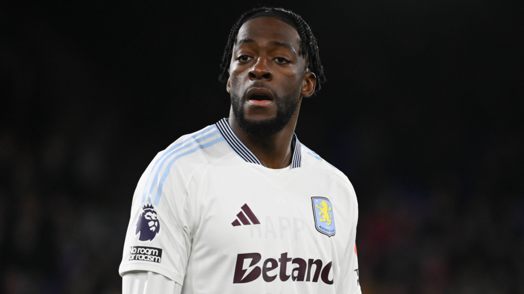 Axel Disasi playing for Aston Villa looking concerned
